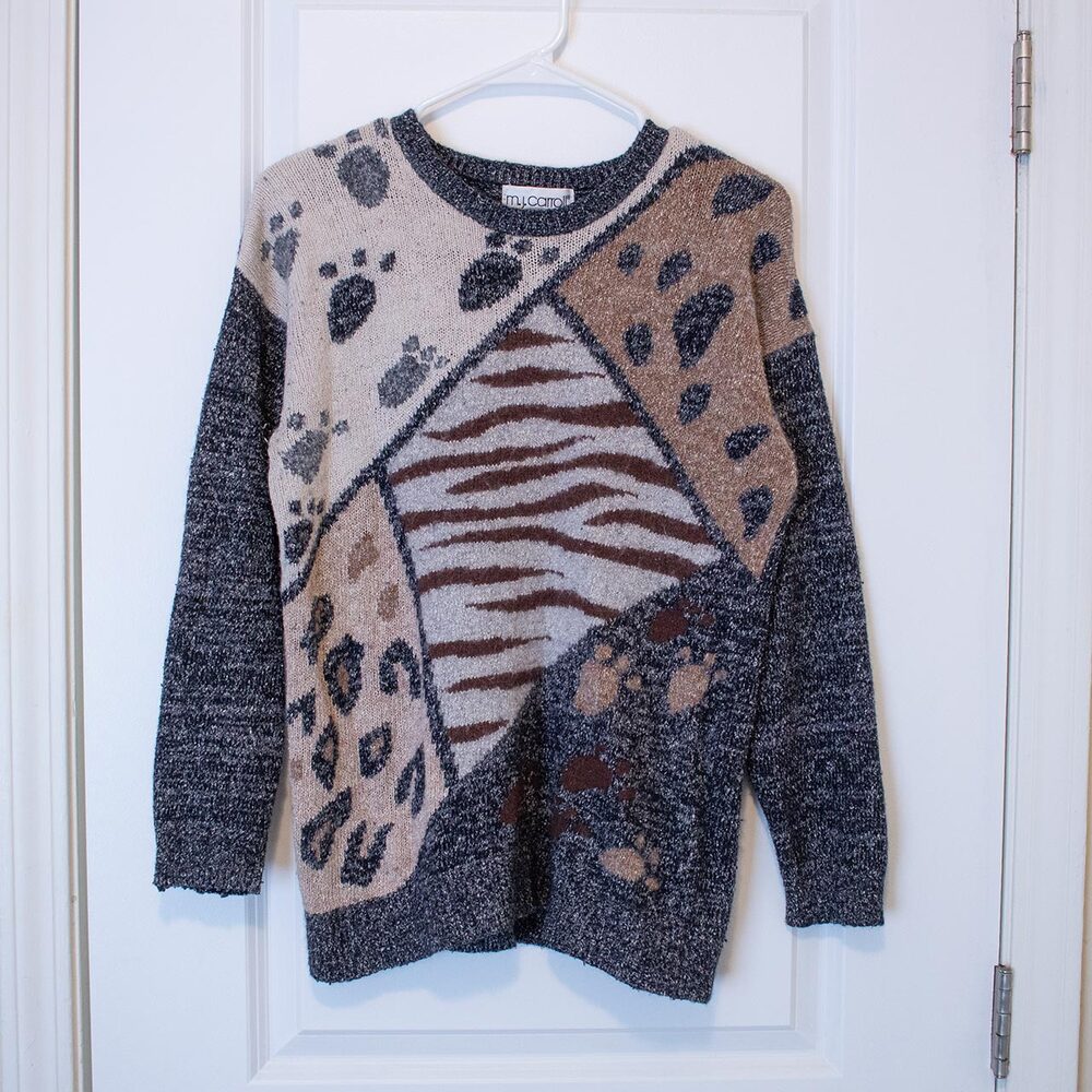 Animal VTG MJ Carroll Sweater Zebra Cheetah Patch Wool Blend M | Soft Autumn